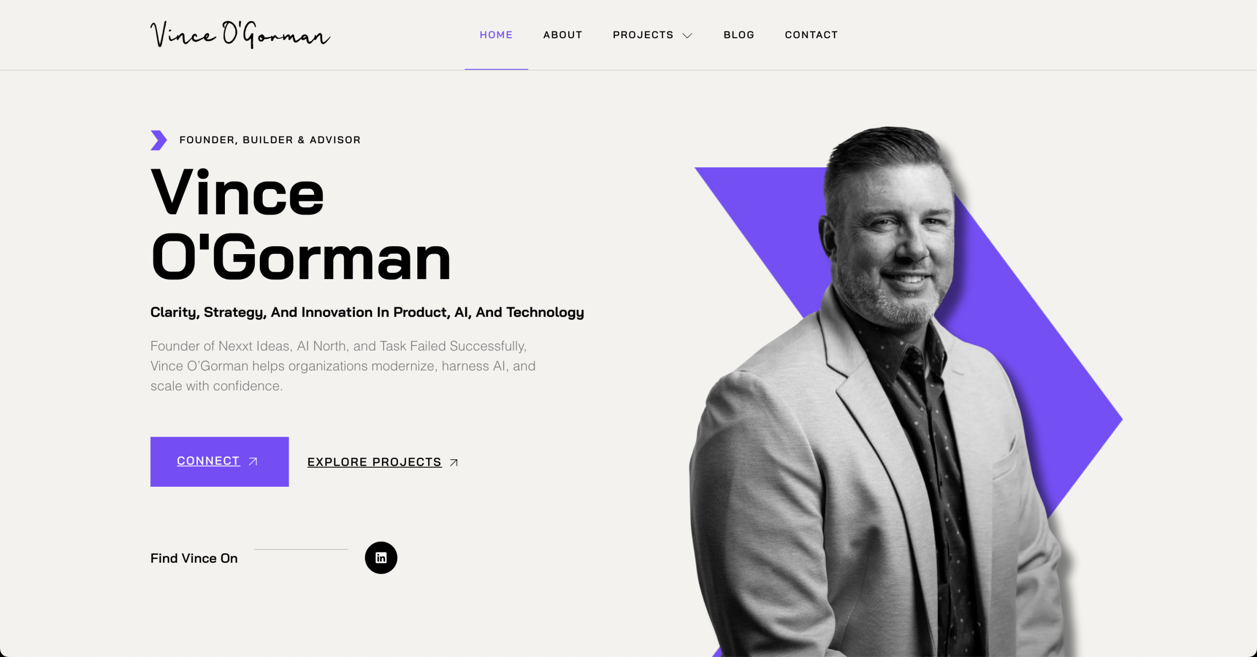 Example of a WordPress Elementor website for Vince O’Gorman project.