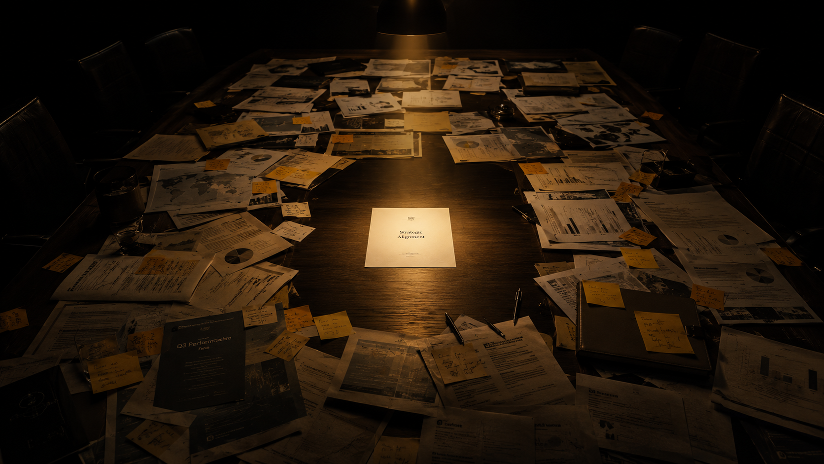 Fractional CMO strategic alignment, marketing documents and analysis on a conference table