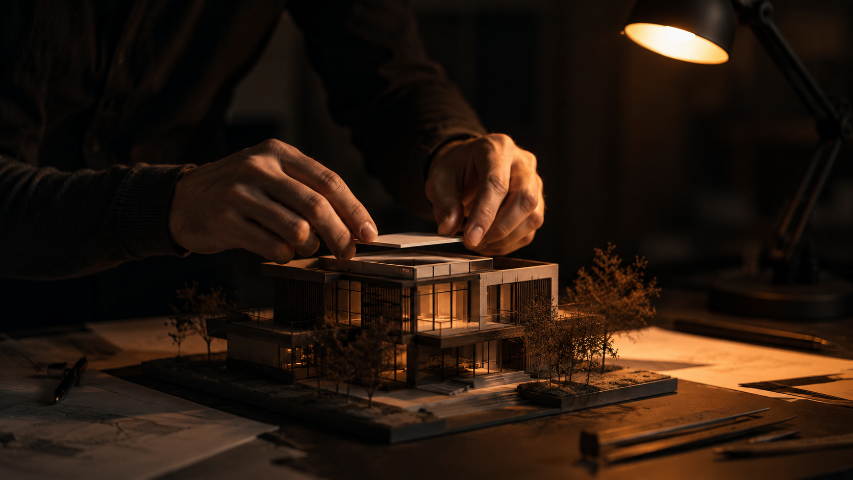 Building a marketing foundation — hands constructing an architectural model under warm light