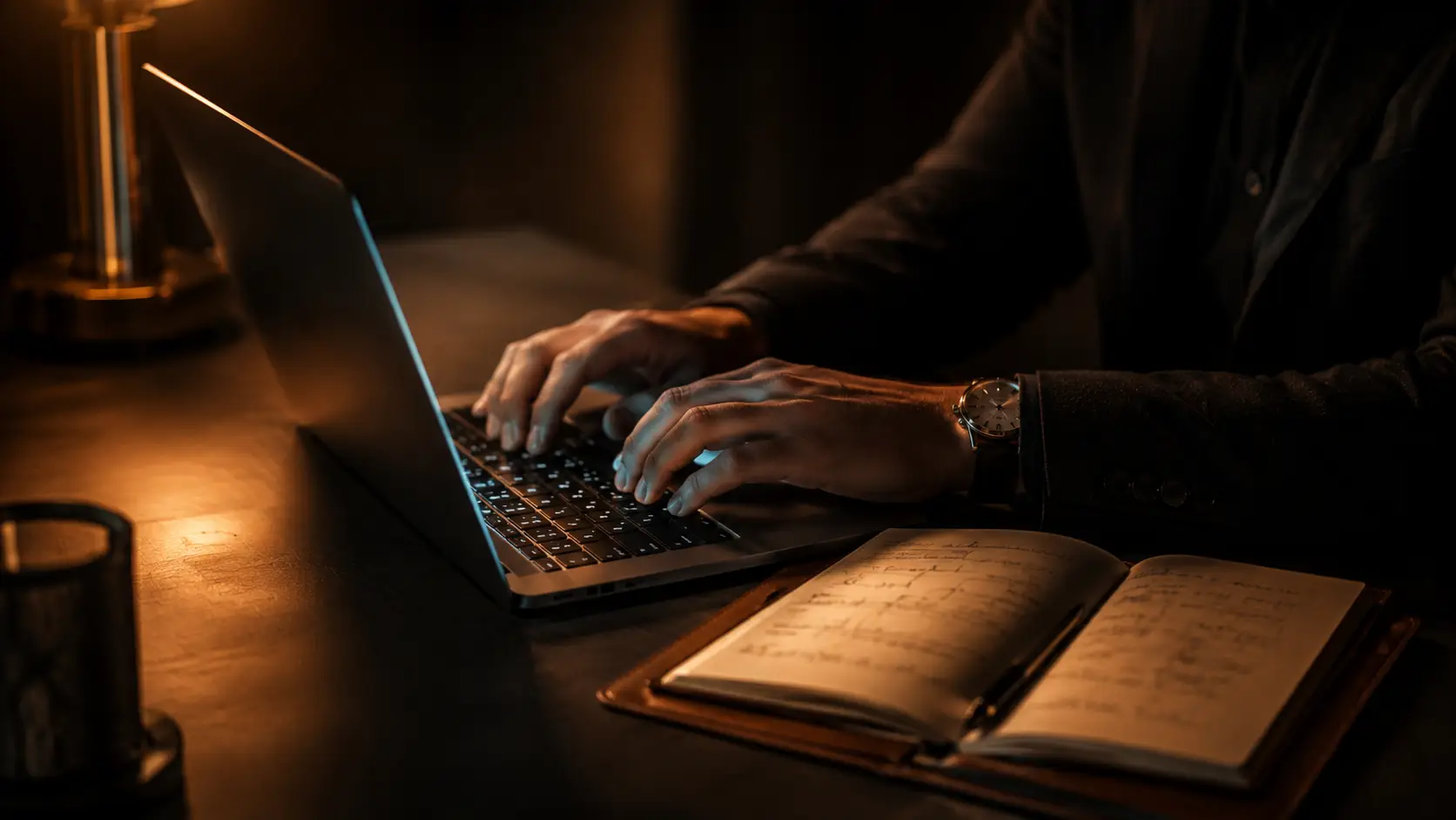 Person typing on a laptop at a desk with an open notebook beside it, under warm evening lighting.