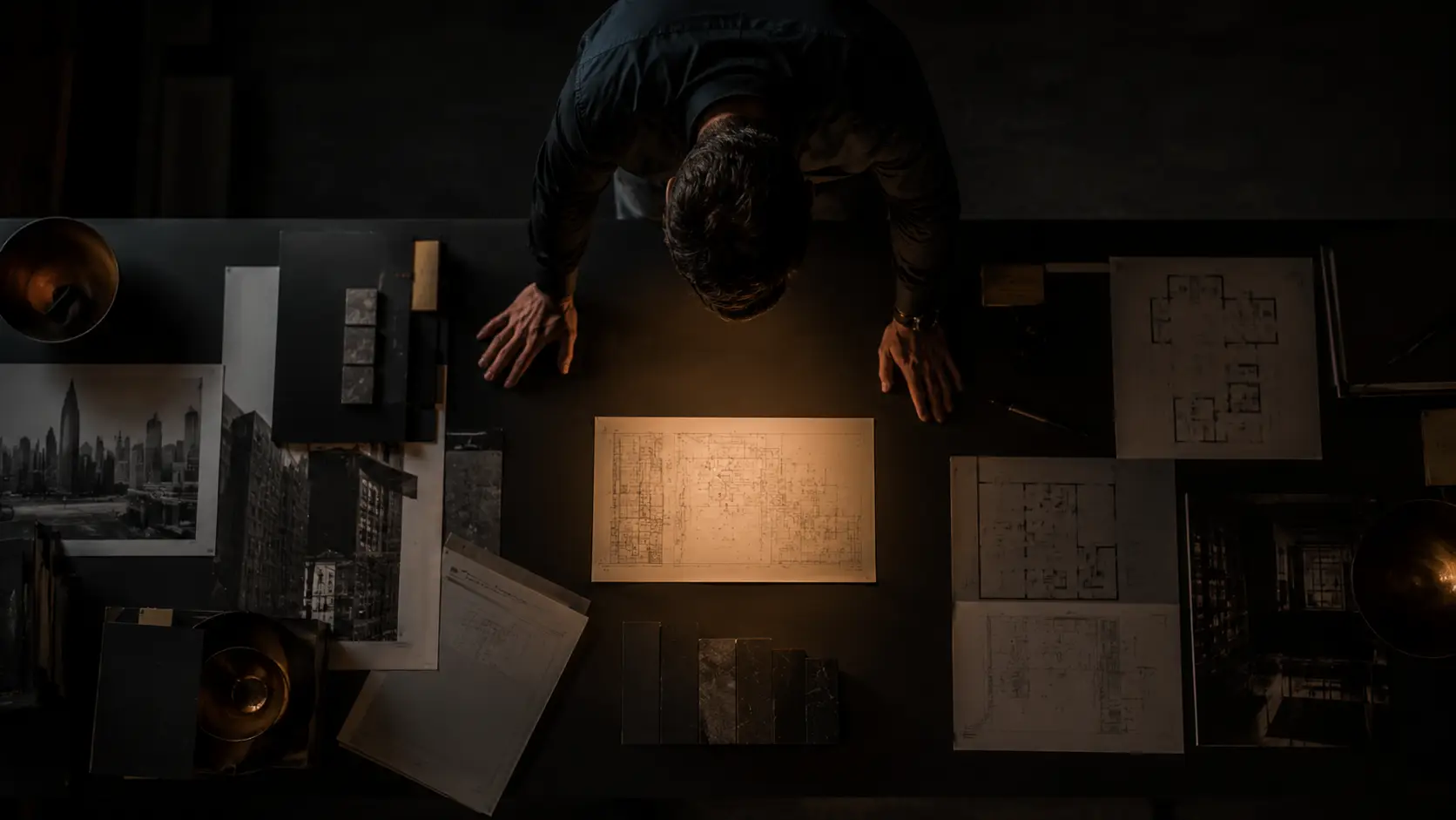 Architect leaning over a desk, examining a central blueprint surrounded by photos, plans, and material swatches.