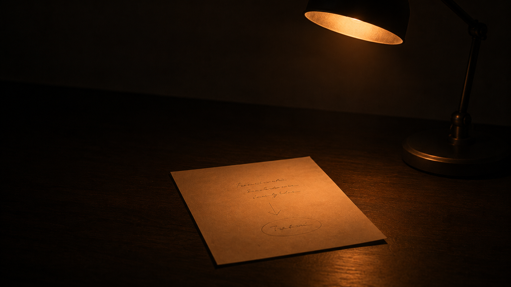 Dimly lit desk with a warm lamp overhead and a handwritten note on a wooden surface, arrow pointing to a circled signature at the bottom.