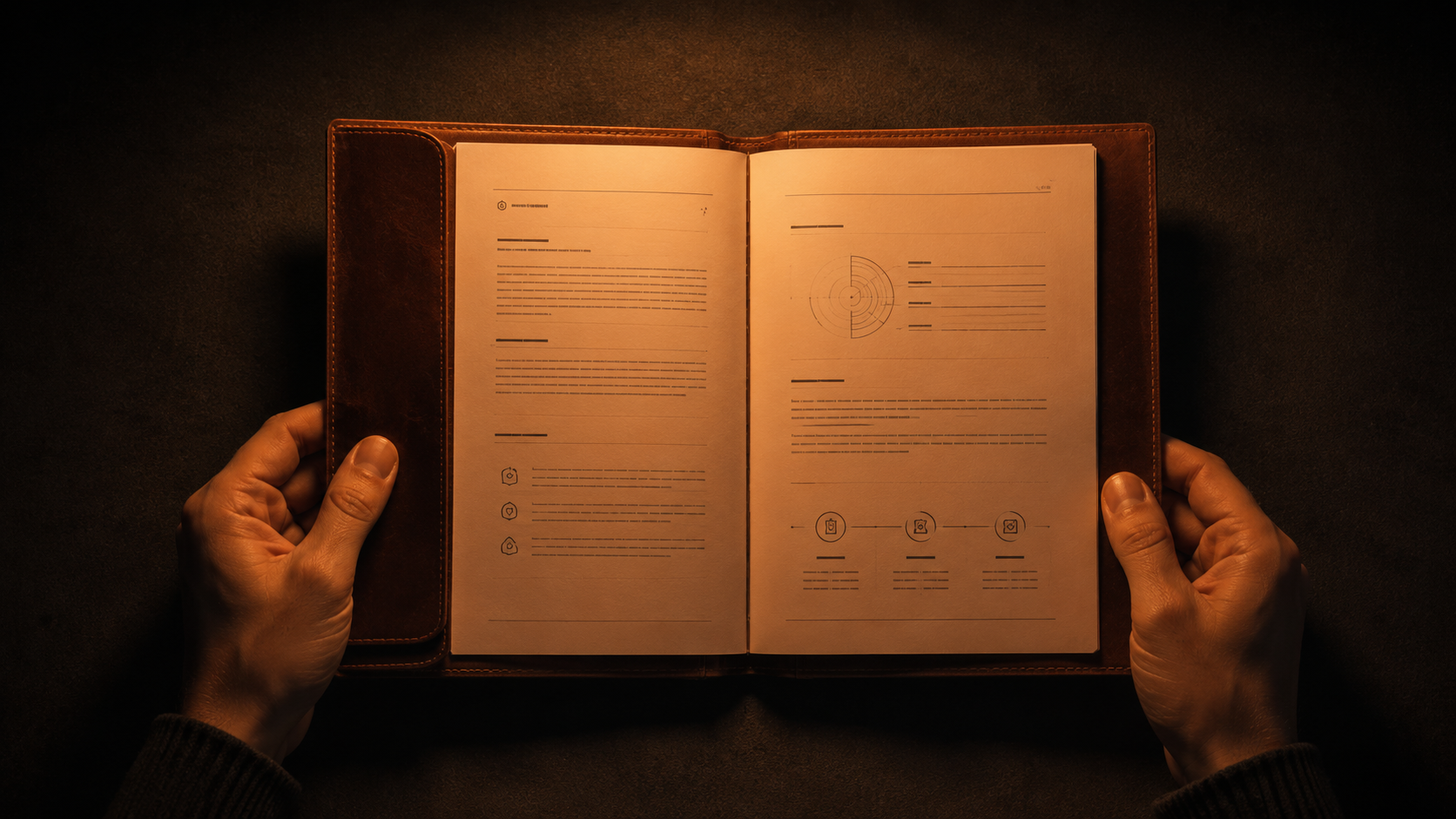 Open leather notebook viewed from above, hands on both sides in warm lighting, showing printed pages with diagrams and text.