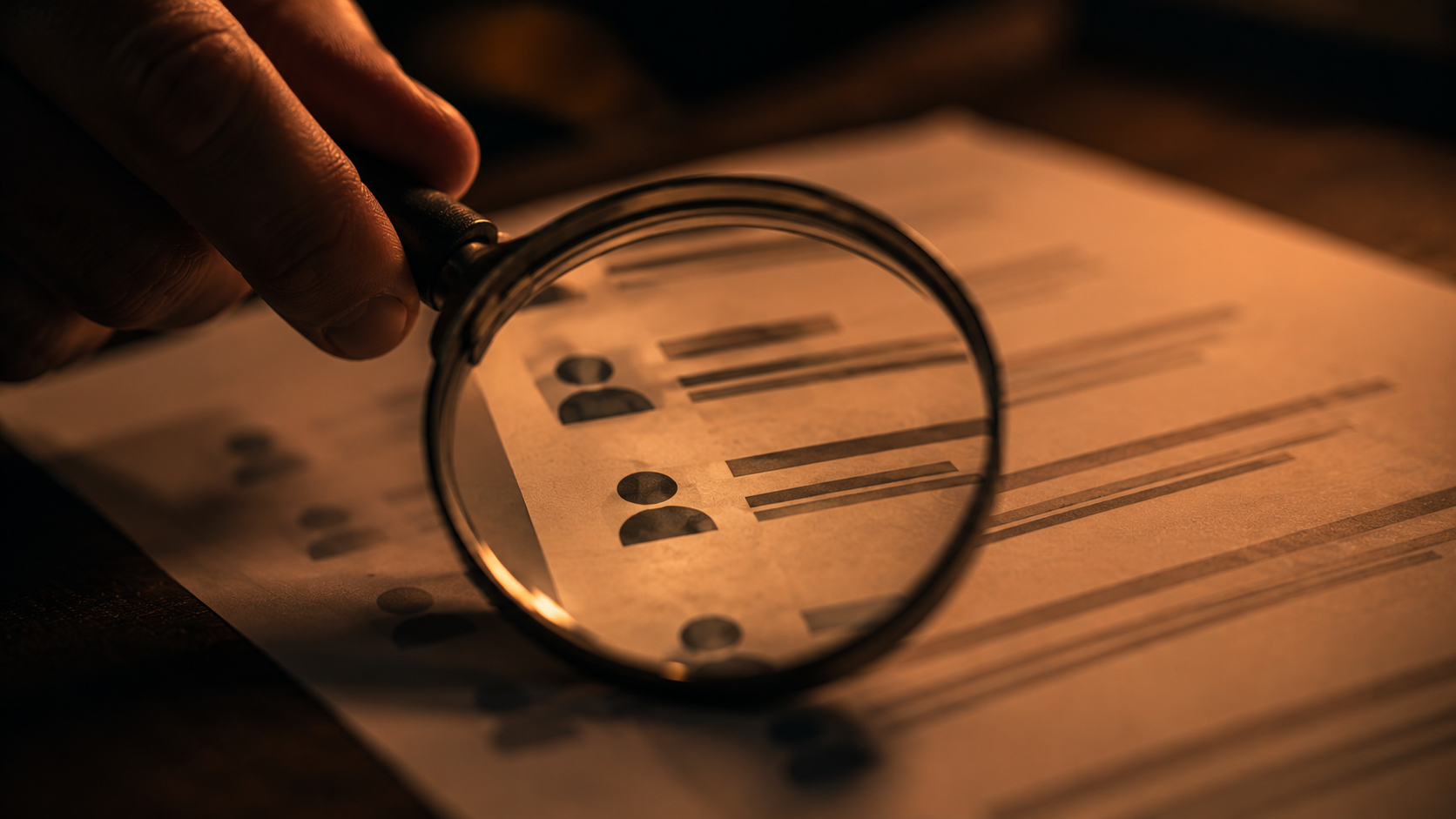 Hand holds a magnifying glass over a resume, emphasizing profile icons and bars of text for scrutiny or screening.