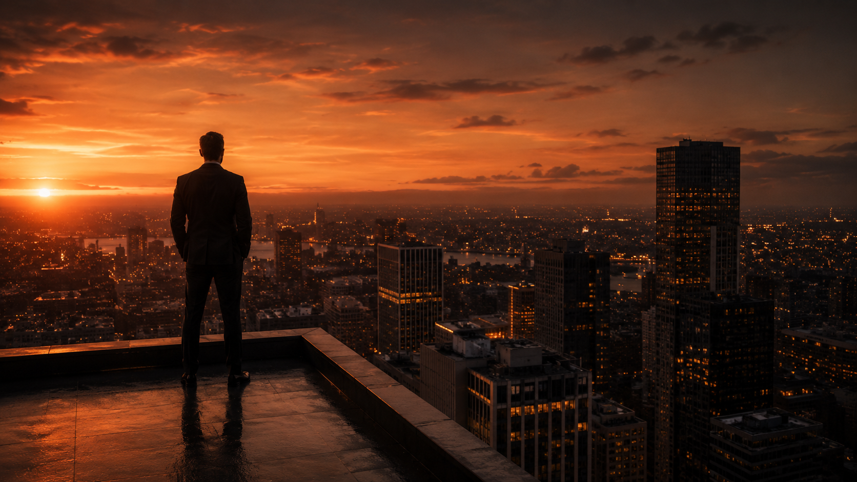 Leader surveying the competitive landscape at sunset — competitive positioning for growth-stage companies