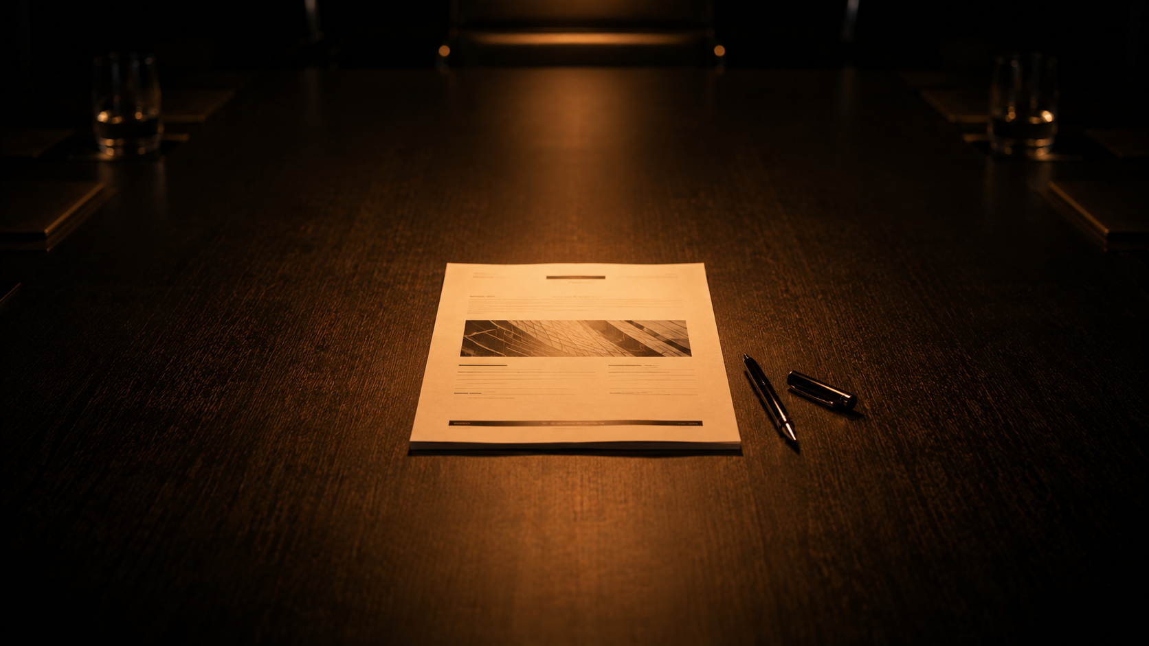 Strategic direction document centred on a boardroom table — the governing framework for all marketing decisions