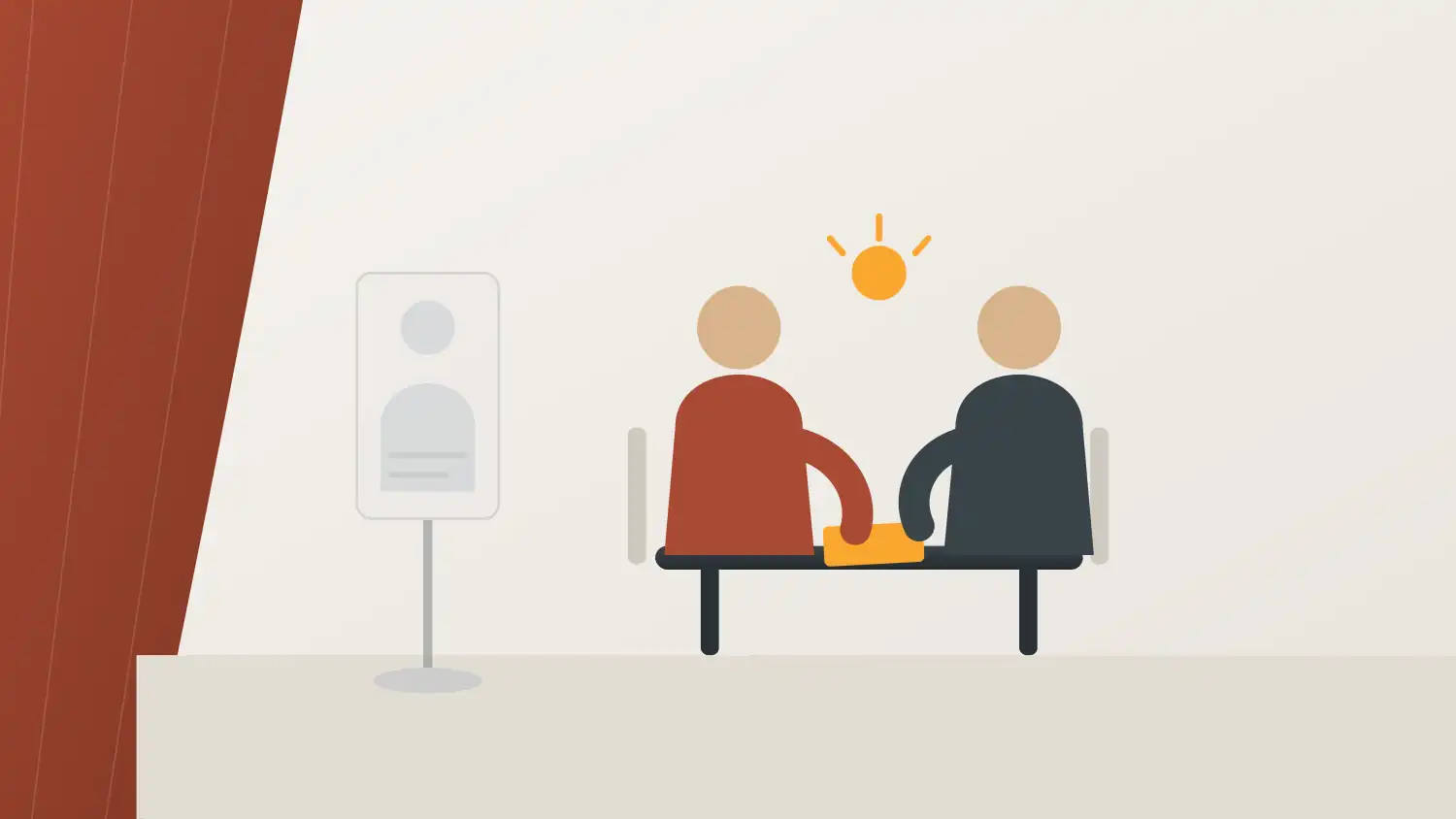 Flat illustration of two people in a real sales conversation beside a faded cardboard buyer persona cutout, showing ideal customer profile vs buyer persona