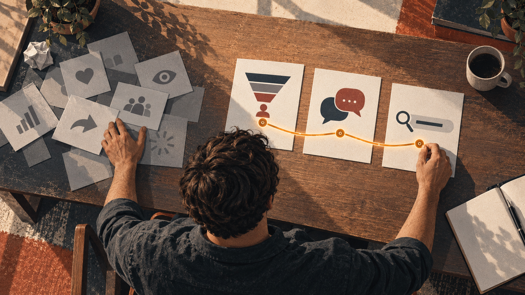 Brand awareness illustration showing a marketer reviewing audience signals, conversations, and search behaviour