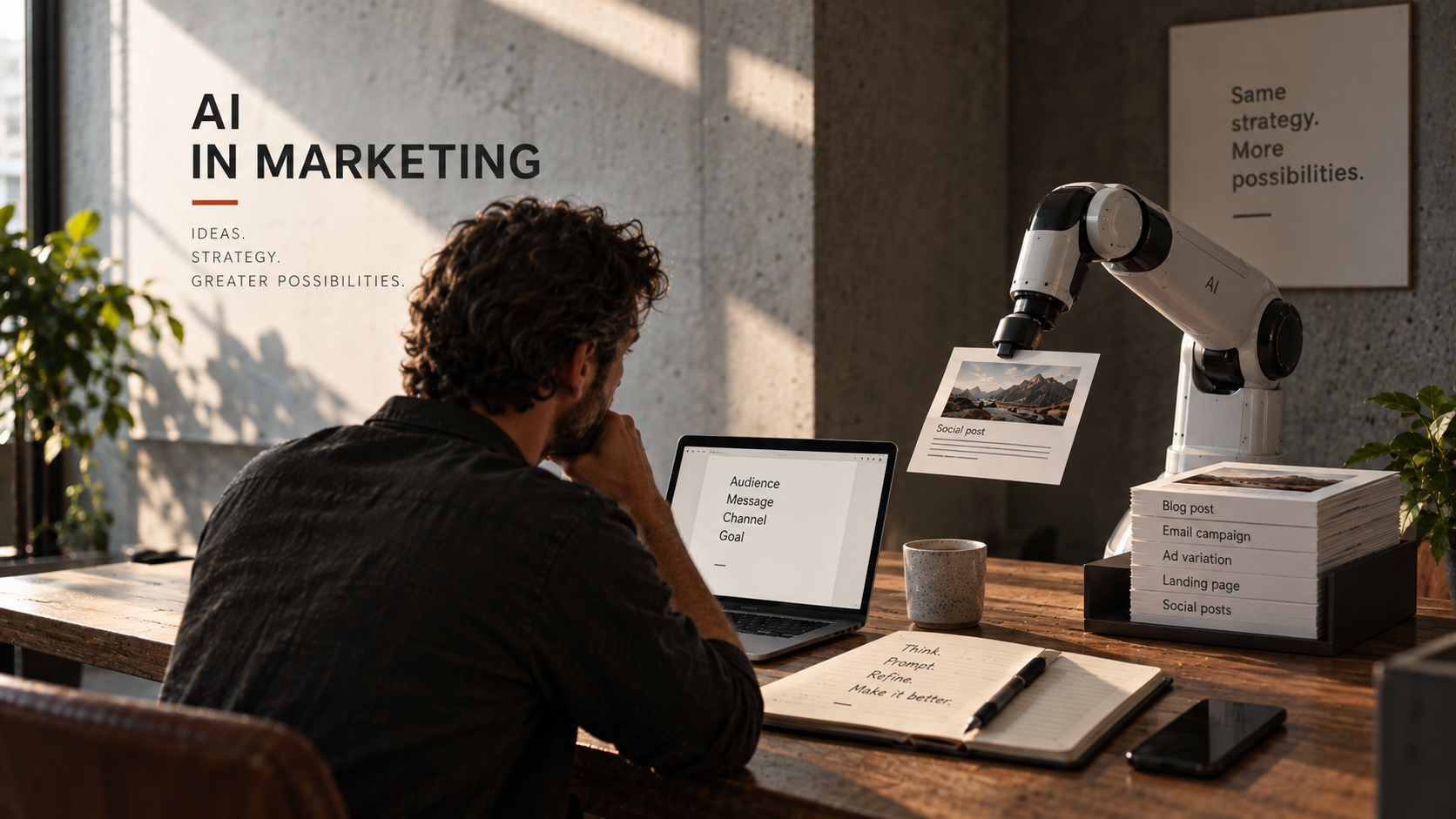 AI in marketing illustration showing a marketer directing a realistic AI system while keeping strategy and final decisions human