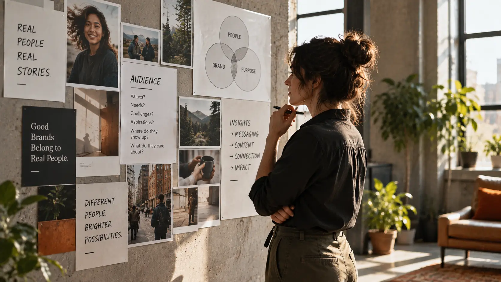 Marketing audit illustration showing a marketer reviewing customer, brand, and messaging alignment